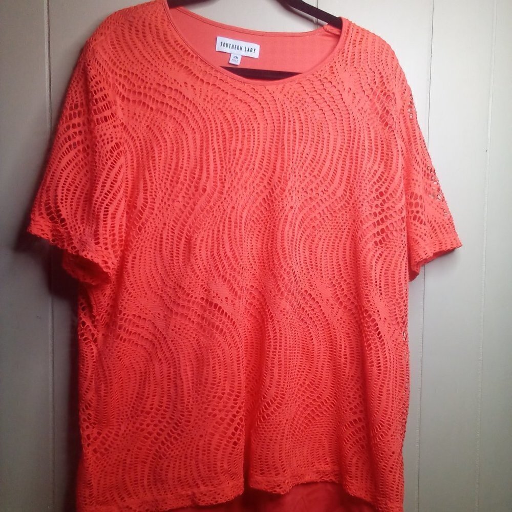 Southern Lady Blouse 2X Short Sleeve High Low Lined Mesh Orange Coral
